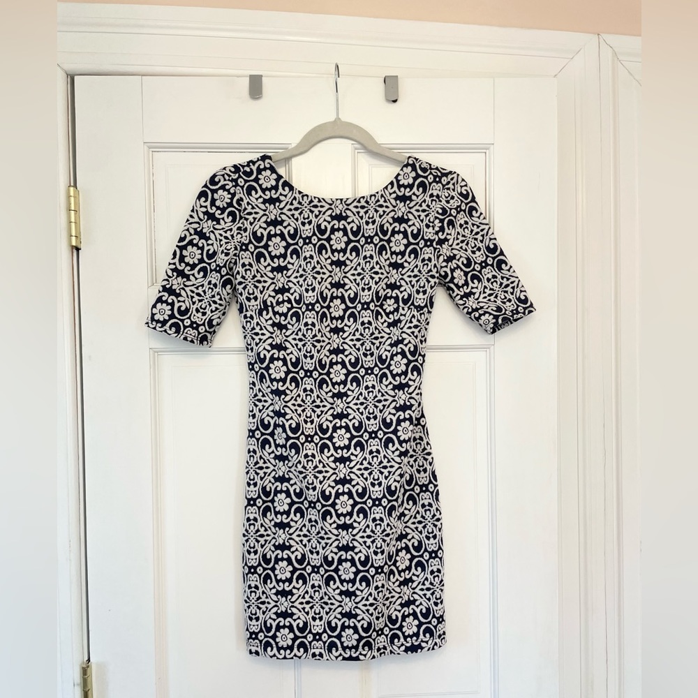 Navy & White Knit Cocktail Dress, Floral